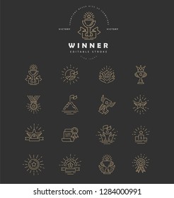 Vector icon and logo winner and champion. Editable outline stroke size. Line flat contour, thin and linear design. Simple icons. Concept illustration. Sign, symbol, element.