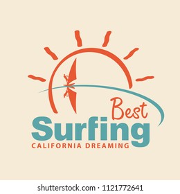 Vector icon or logo with words Best surfing, California dreaming, with sea, sun and surfer
