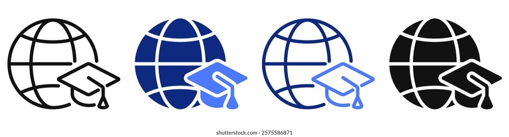 Vector icon or logo of world globe with graduation cap related to global and online education, studying and learning. Symbol for website or app ui, logo design, illustration