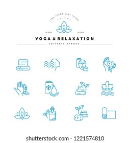 Vector icon and logo for yoga or relaxation. Editable outline stroke size. Line flat contour, thin and linear design. Simple icons. Concept illustration. Sign, symbol, element.