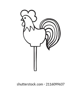 vector icon lollipop cockerel doodle, russian culture. Outline on white isolated background