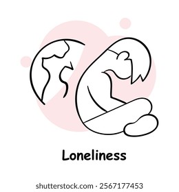  Vector icon for loneliness. Hand-drawn illustration of a person sitting alone with a globe, symbolizing isolation and emotional struggle.