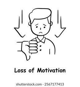 Vector icon for loss of motivation. Hand-drawn illustration of a sad person with arrows pointing downward, symbolizing lack of drive and energy.