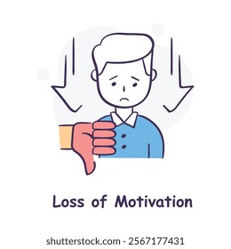 Vector icon for loss of motivation. Hand-drawn illustration of a sad person with arrows pointing downward, symbolizing lack of drive and energy.