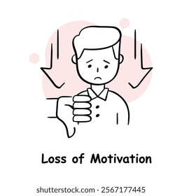 Vector icon for loss of motivation. Hand-drawn illustration of a sad person with arrows pointing downward, symbolizing lack of drive and energy.