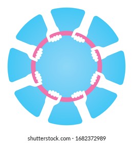 Icono vector de muchas manos sosteniendo el aro. Símbolo de cooperación, ayuda, amistad. Aislado sobre fondo blanco.