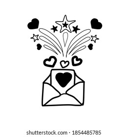 Vector icon of a love letter exploding with hearts and fireworks. Envelope with hearts and salute  isolated on a white background. Vector illustration in sketch style.