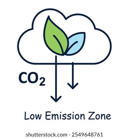  Ícone de vetor para zona de baixa emissão. Apresenta uma nuvem de CO2 com setas para baixo e folhas simbolizando emissões reduzidas de carbono.