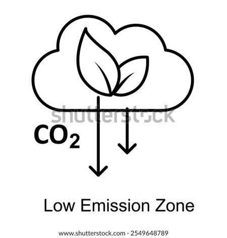  Vector icon for low emission zone. Features a CO2 cloud with downward arrows and leaves symbolizing reduced carbon emissions.