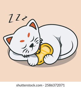 vector icon of lucky cat sleeping while hugging gold pieces. premium vector icon
