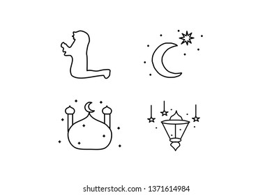 Vector Icon. Lunar Month and Star. Silhouette of a woman in prayer. The dome of the temple. Lamp.