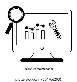 Icono de Vector para la supervisión del estado de la máquina. Llave inglesa con gráfico predictivo para diagnósticos.