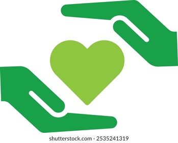 Vector icon of made with love. Green hands and a heart, symbolizing love, care, and sustainability in crafting.