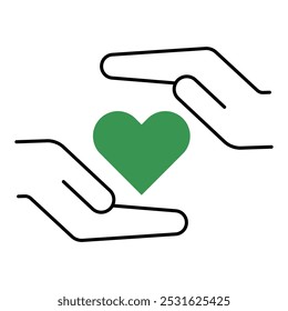 Vector icon of Made with Love hands with a green heart. A simple line drawing of two hands holding a green heart, representing products made with love and care.