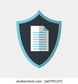Vector icon made of shield and illustration of a paper document on it. It represents data protection for secret documents