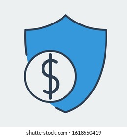 Vector icon made of shield and illustration of a dollar coin on it. It represents business protection and financial security