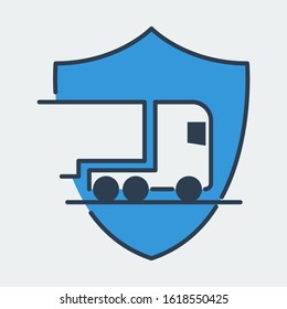 Vector icon made of shield and illustration of a truck on it. It represents transportation and reliable cargo delivery