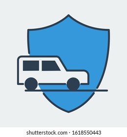 Vector icon made of shield and illustration of an offroad car on it. It represents car insurance and car passengers safety