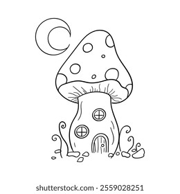 Vector Icon of Magical Mushroom House Under Moonlight for Fantasy and Fairy Tale Themes