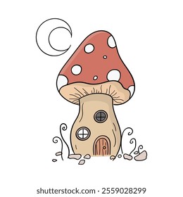 Vector Icon of Magical Mushroom House Under Moonlight for Fantasy and Fairy Tale Themes