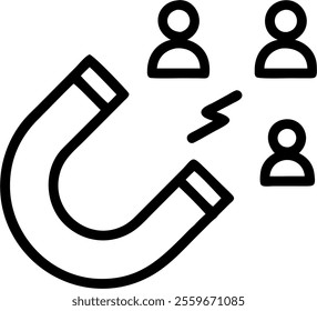 Vector icon of a magnet attracting customers representing marketing attraction. concept as A simple vector illustration of a magnet pulling in small human figures symbolizing customer attraction in ma