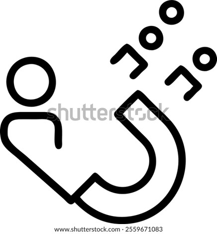 Vector icon of a magnet attracting customers representing marketing attraction. concept as A simple vector illustration of a magnet pulling in small human figures symbolizing customer attraction in ma
