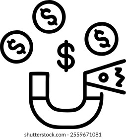 Vector icon of a magnet attracting money representing financial attraction. concept as A simple vector illustration of a magnet pulling in coins and bills symbolizing the attraction of wealth or inves