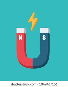 vector Icon magnet with polarity indication. Above the magnet there is a lightning of the force of attraction.