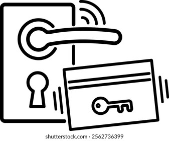A vector icon of a magnetic key card unlocking a door handle, with customizable outlines. Ideal for smart home, security, or access control visuals, offering a sleek, modern design.