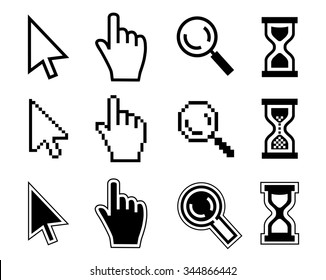 Vector icon magnifier, cursor, hand  and hourglass on white background. 