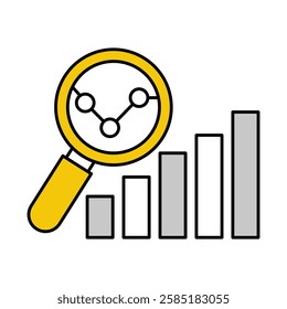 Vector icon of a Magnifying Glass and Bar Graph. This icon shows a magnifying glass analyzing a bar graph, representing data analysis and evaluation for insights.