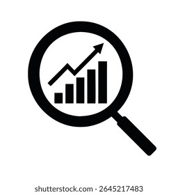 Ícone de vetor de uma lente de aumento contendo um gráfico de barras com tendência ascendente em um outline, simbolizando análise de dados, controle de crescimento e business intelligence. Design limpo e minimalista em um branco 