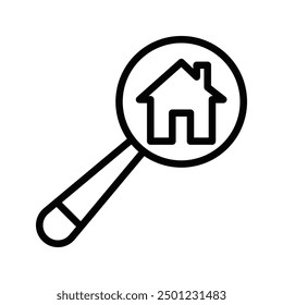 Vector icon of a magnifying glass with a house inside, representing real estate search, property hunting, or home inspection. Editable stroke.