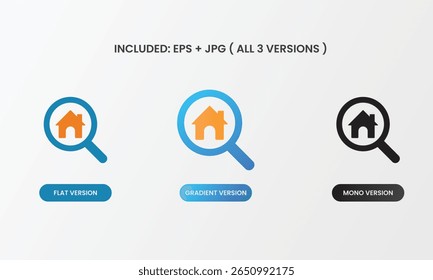 Vector icon of magnifying glass with house, representing real estate search, home finder apps, and housing discovery tools. All 3 styles included.