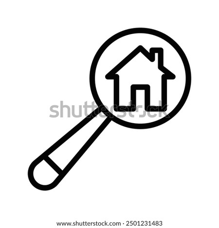 Vector icon of a magnifying glass with a house inside, representing real estate search, property hunting, or home inspection. Editable stroke.