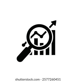 Vector icon: Magnifying glass over a graph for market research on a white background