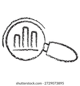 Icono de Vector de lupa sobre gráfico de barras. Croquis de carbón texturizado marrón oscuro en un estilo lineal sobre fondo transparente. Análisis de datos de negocio, estadísticas y concepto de informes