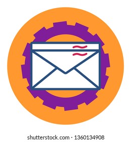 Vector icon of a mailing envelope with a stamp on the background of the gear in the orange circle, the symbol of typing, communication, mail, automation