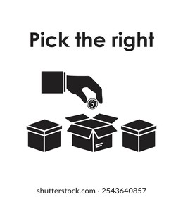Vector icon for Making Smart Financial Choices. Depicts a hand placing a coin in an open box, symbolizing careful selection among options. Concept of financial strategy and budgeting.