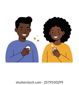 Vector icon of A male and female taking vitamins together on a white background