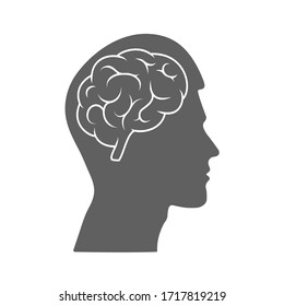 Vector icon of a male head with a brain. The silhouette is isolated on a white background. Simple design
