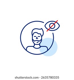 Vector icon of male user avatar in circle with crossed-out eye, symbolizing hidden profile, private account, or invisible user status. Ideal for social apps, privacy settings, and interfaces