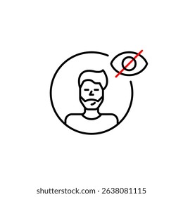 Vector icon of male user avatar in circle with crossed-out eye, symbolizing hidden profile, private account, or invisible user status. Ideal for social apps, privacy settings, and user interfaces