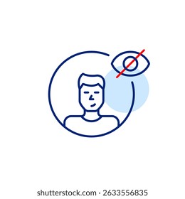Vector icon of male user with crossed-out eye, symbolizing hidden profile, private mode, or invisible user status. Ideal for social apps, privacy settings, and user interfaces