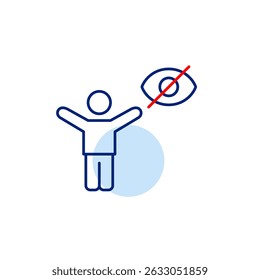 Vector icon of man with arms raised in celebration and crossed-out eye, symbolizing private victory, hidden success, or unseen achievement. Ideal for motivational apps, privacy settings, and personal 