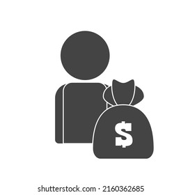 Vector icon man with a bag of money. Vector icon on white isolated background. 