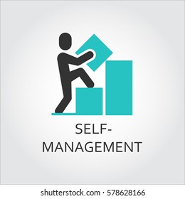 Vector icon of man builds a graph, self-management concept. Simple label. Logo drawn in flat style. Black and green shape pictograph for your design needs. Contour silhouette