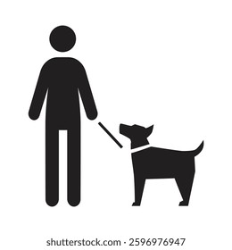 Vector icon man with dog on leash isolated on white background. 