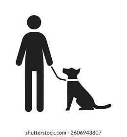 Vector icon man with dog on leash isolated on white background. 