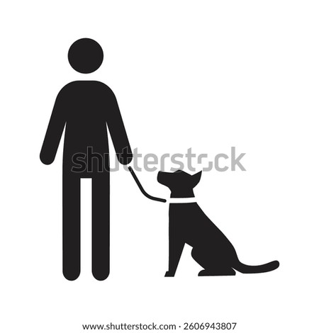 Vector icon man with dog on leash isolated on white background. 